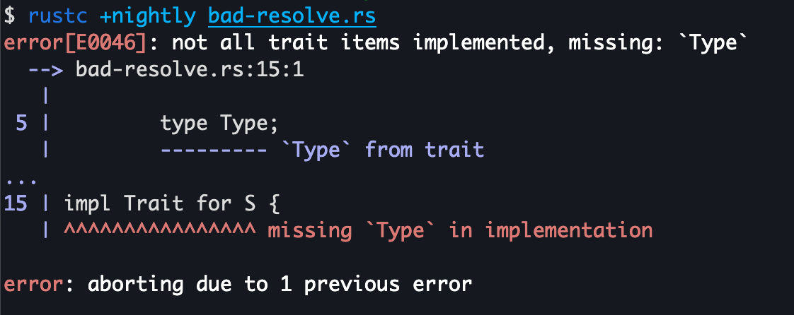 Rustc prints an error that not all trait items are present in an implementation