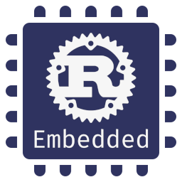 The embedded devices WG logo in dark blue. A stylised MCU with the Rust logo on it and the word Embedded.