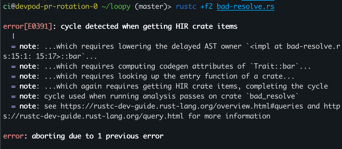Rustc prints an error about a cycle going: HIR crate items -> delayed AST owner -> codegen attributes -> entry function -> HIR crate items