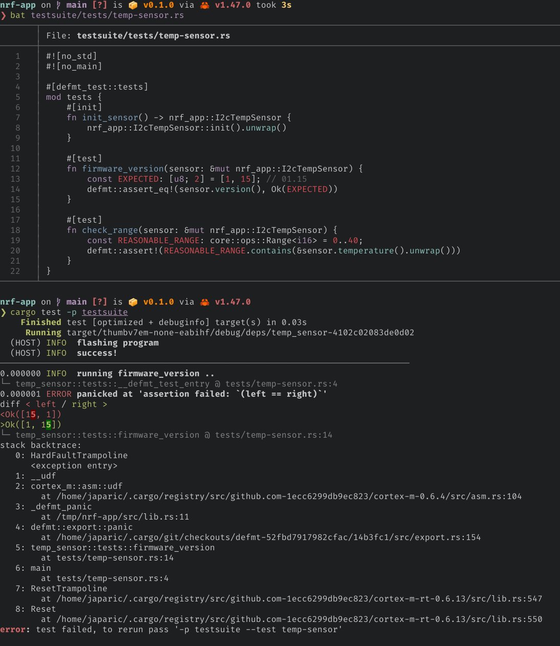 defmt-test based test suite: source code and probe-run output