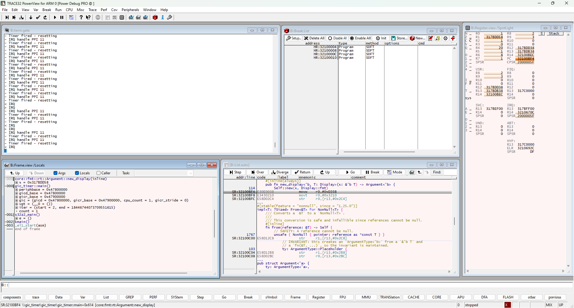 TRACE32 PowerView single-stepping Rust code on the NXP S32Z2