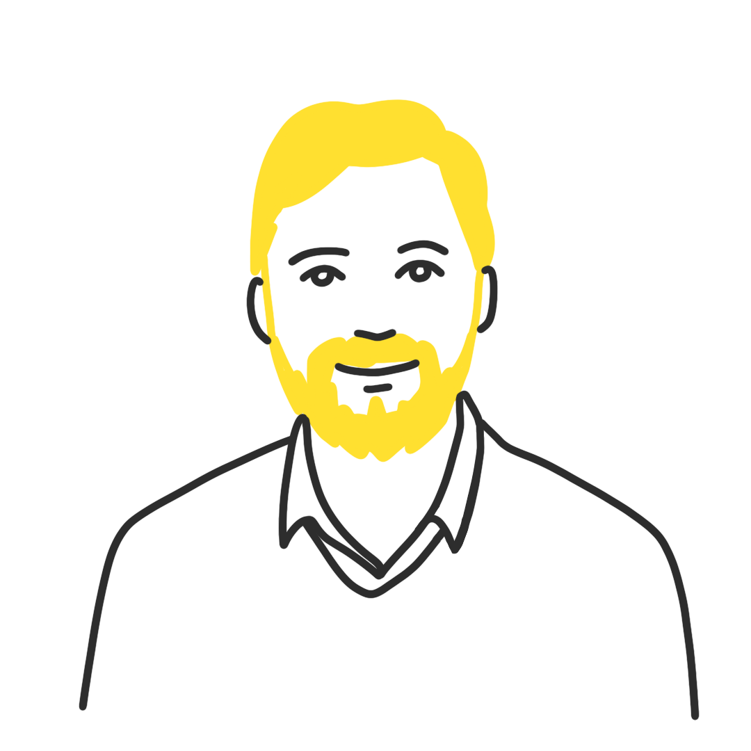 A comic style drawing of Jonathan. He has a beard, his hair is rendered yellow.