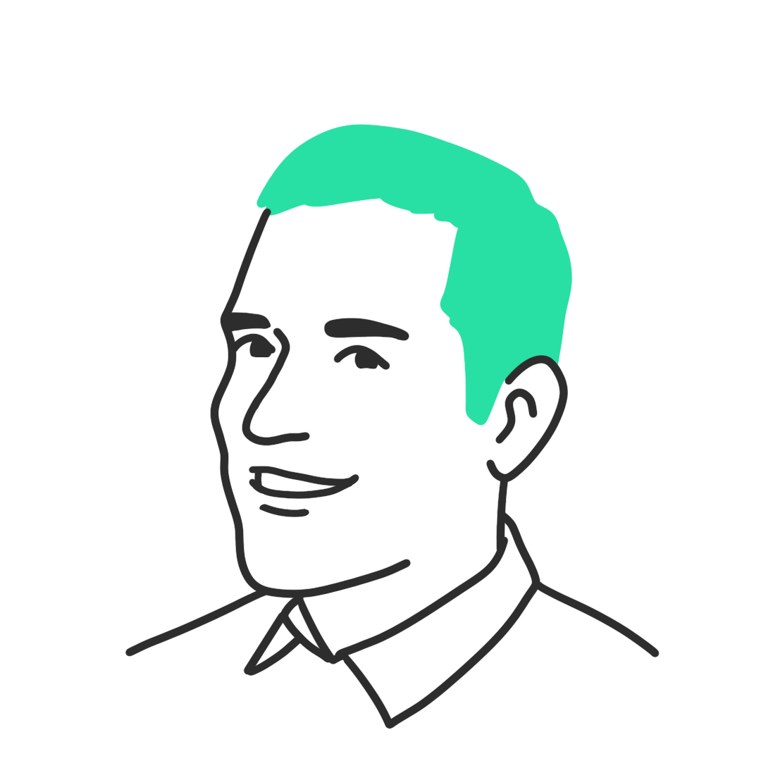 A comic style drawing of Jorge, semi-profile. His hair is rendered green.